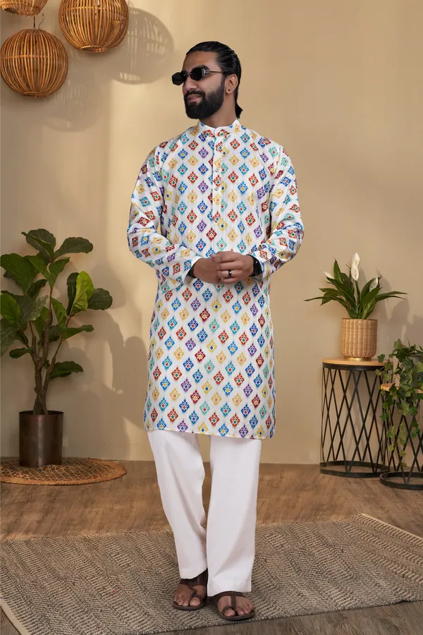White_Rayon_Regular_Multicolor_Geometric_Print_Kurta_For_Men