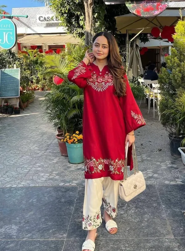 Red_Cotton_Floral_Embroidered_V_Neck_Kurta_And_Pant_Set_For_Women