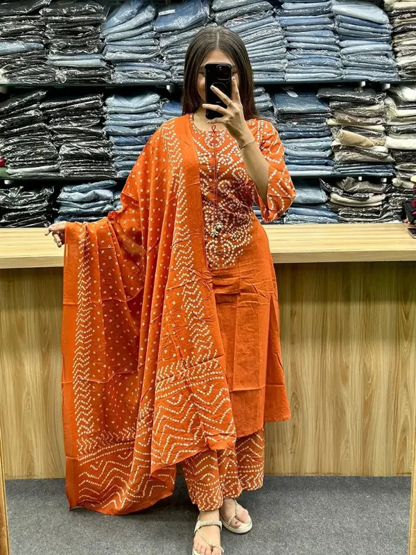 Orange_Cotton_Bandhej_Kurta_Set_For_Women