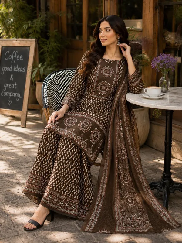 Elegant_Brown_Printed_Kurta_Palazzo_Set_with_Dupatta