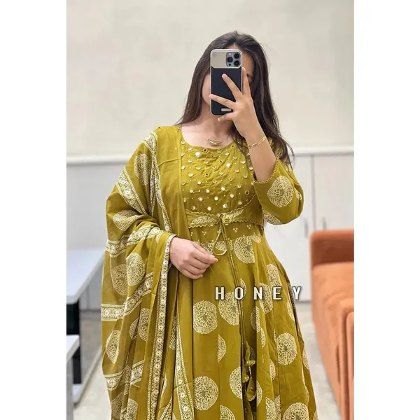 Yellow_Cotton_Printed_Anarkali_With_Attached_Jacket_Detailing