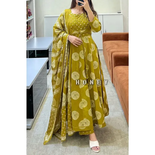 Yellow_Cotton_Printed_Anarkali_With_Attached_Jacket_Detailing