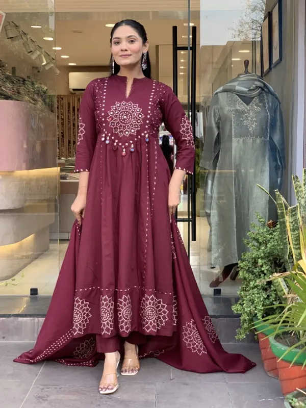 Libas_jaipur_Wine_Bandhej_Print_Anarkali_Kurta_Set_with_Dupatta