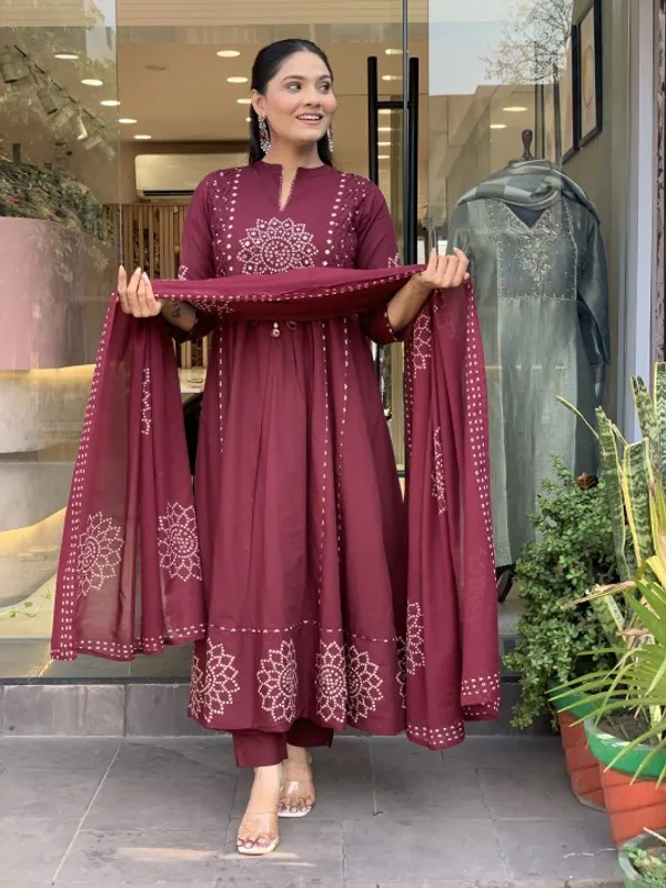 Libas_jaipur_Wine_Bandhej_Print_Anarkali_Kurta_Set_with_Dupatta