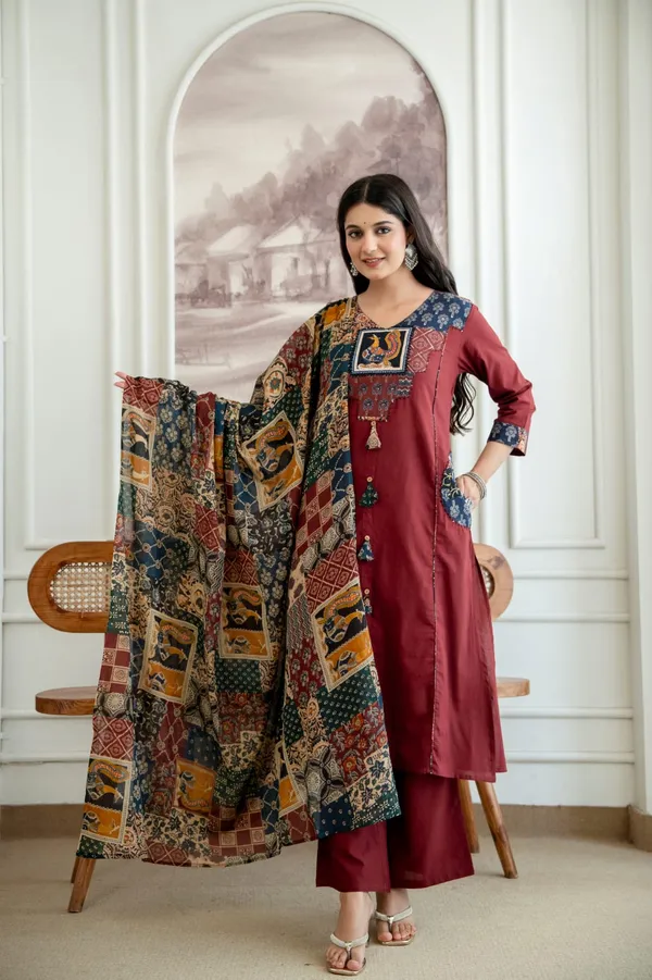 Maroon_Patchwork_Applique_Kurta_Pant_Set