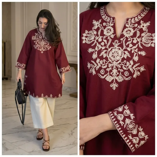 Maroon_And_White_Cotton_Embroidered_Kurta_Set_With_Palazzo_Pants_For_Women