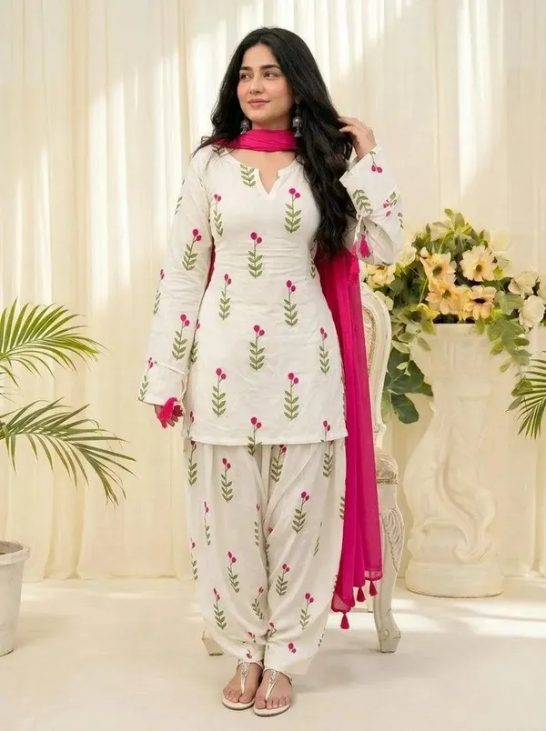 White_Floral_Printed_Cotton_Kurta_Set_with_Farshi_Salwar_&_Pink_Dupatta_for_Women