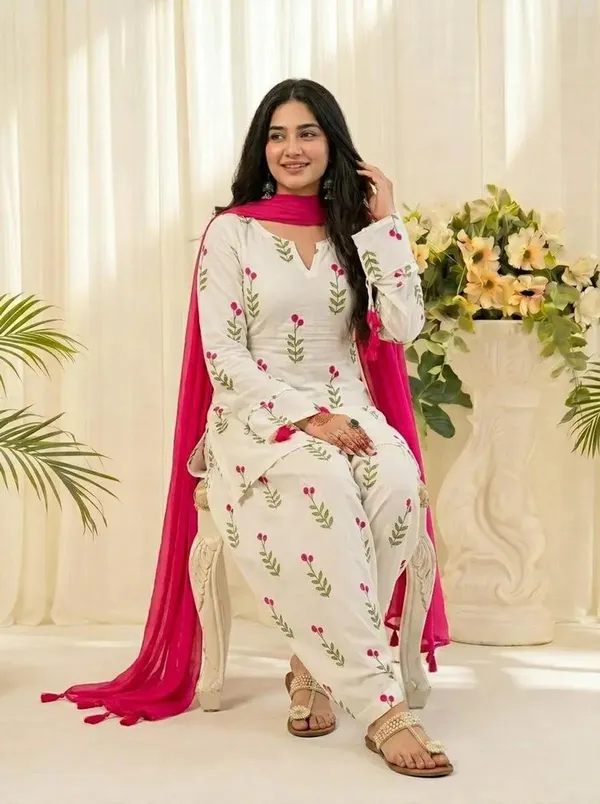 White_Floral_Printed_Cotton_Kurta_Set_with_Farshi_Salwar_&_Pink_Dupatta_for_Women