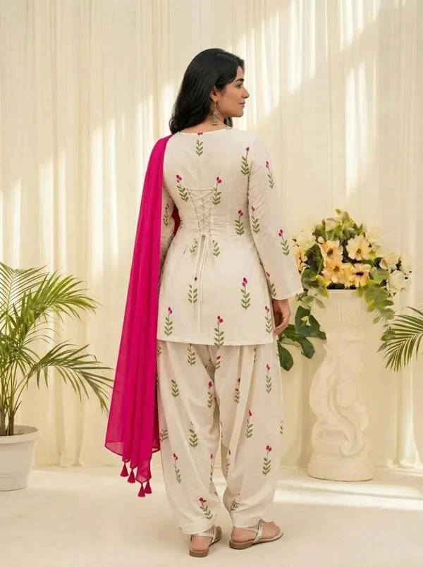 White_Floral_Printed_Cotton_Kurta_Set_with_Farshi_Salwar_&_Pink_Dupatta_for_Women