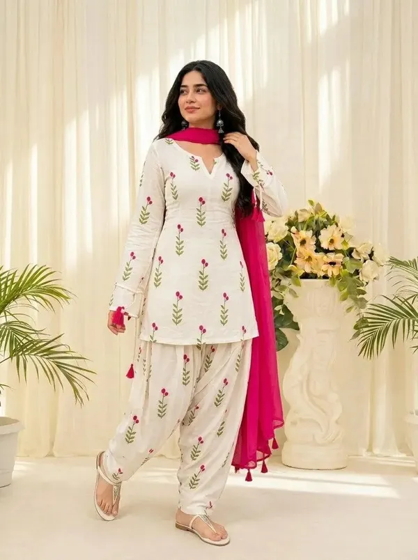 White_Floral_Printed_Cotton_Kurta_Set_with_Farshi_Salwar_&_Pink_Dupatta_for_Women