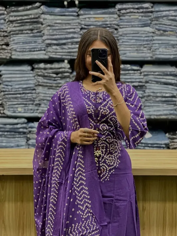 Purple_Cotton_Bandhej_Kurta_Set_For_Women