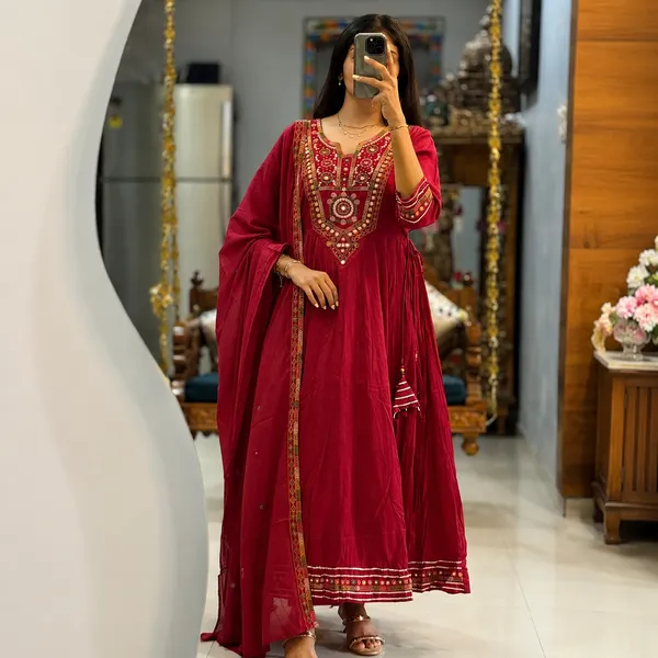 Maroon_Mirror_Work_Anarkali_Kurta_Set_With_Dupatta