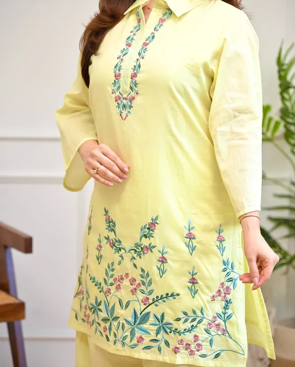 Pastel_Yellow_Embroidered_Cotton_Co-Ord_Set_for_Women_|_Floral_Kurta_&_Wide-Leg_Pants