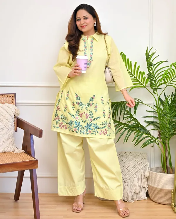 Pastel_Yellow_Embroidered_Cotton_Co-Ord_Set_for_Women_|_Floral_Kurta_&_Wide-Leg_Pants