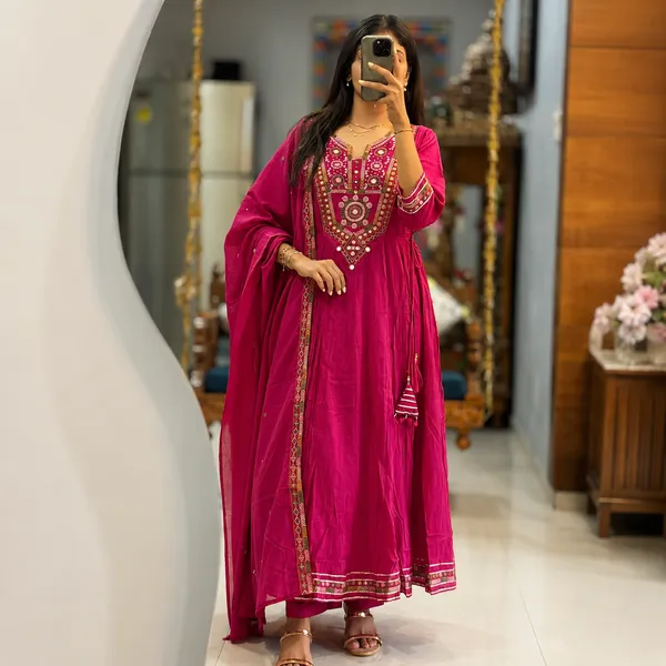 Hot_Pink_Mirror_Work_Anarkali_Kurta_Set_With_Dupatta