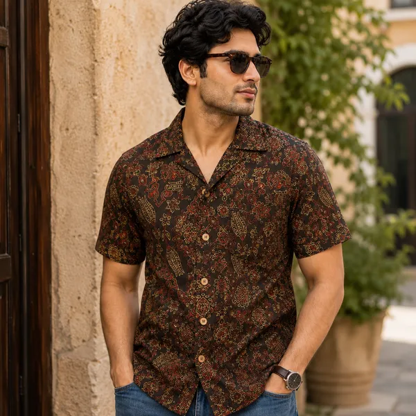 Brown_Cotton_Paisley_Print_Half_Sleeve_Shirt_For_Men