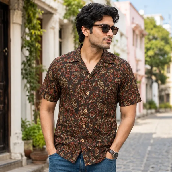 Brown_Cotton_Paisley_Print_Half_Sleeve_Shirt_For_Men