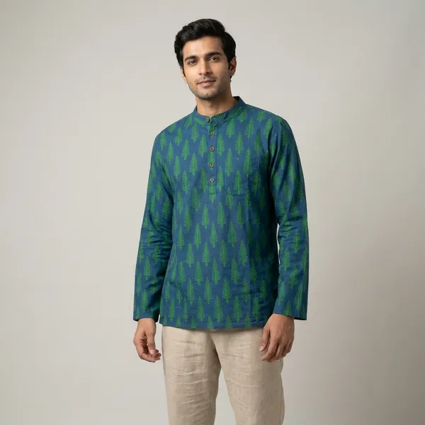 Blue_Green_Cotton_Regular_Fit_Leaves_Printed_Short_Kurta_For_Men