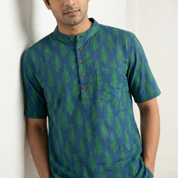 Blue_Green_Cotton_Regular_Fit_Leaves_Printed_Short_Kurta_For_Men
