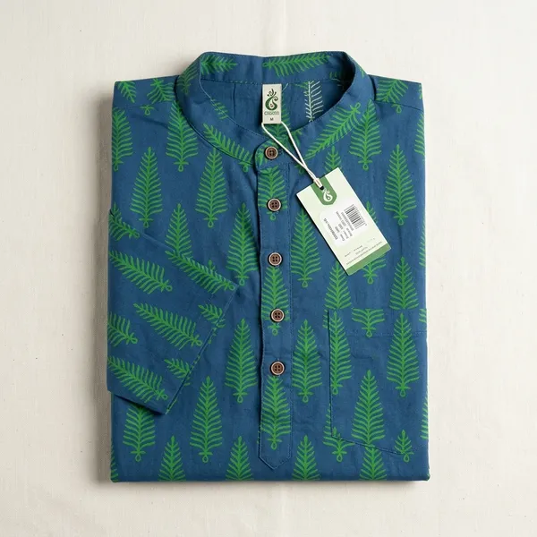 Blue_Green_Cotton_Regular_Fit_Leaves_Printed_Short_Kurta_For_Men
