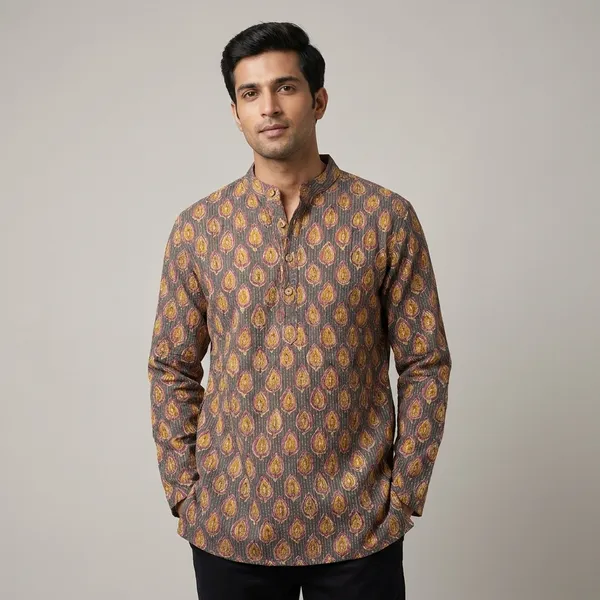 Mustard_Yellow_Cotton_Paisley_Print_Short_Kurta_For_Men