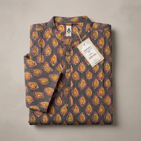 Mustard_Yellow_Cotton_Paisley_Print_Short_Kurta_For_Men