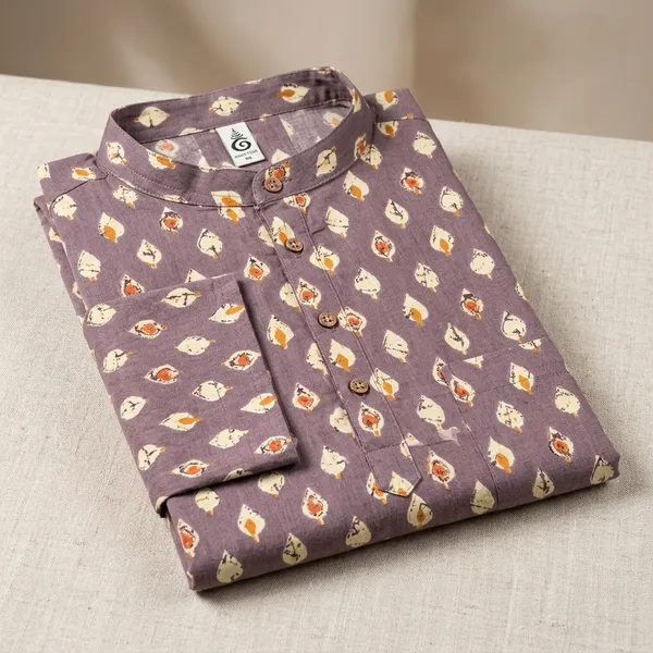 Brown_Cotton_Regular_Fit_Diamond_Buti_Printed_Short_Kurta_For_Men