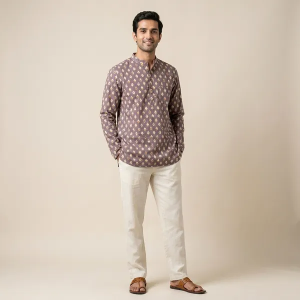 Brown_Cotton_Regular_Fit_Diamond_Buti_Printed_Short_Kurta_For_Men