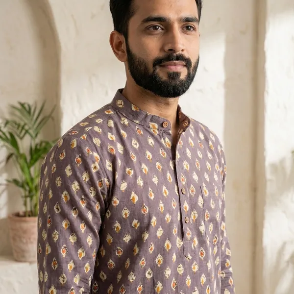 Brown_Cotton_Regular_Fit_Diamond_Buti_Printed_Short_Kurta_For_Men