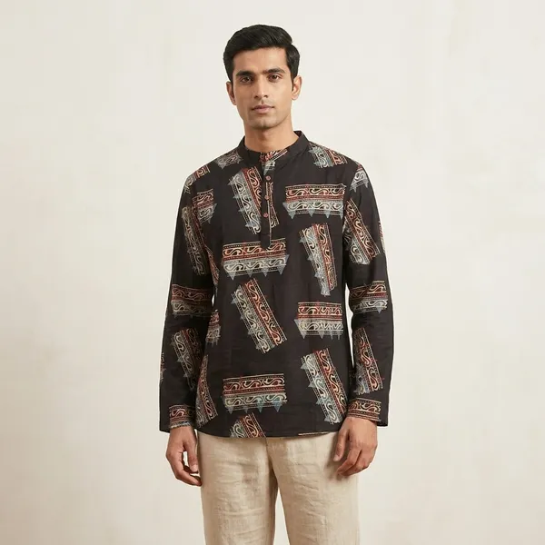 Black_Cotton_Block_Print_Short_Kurta_For_Men