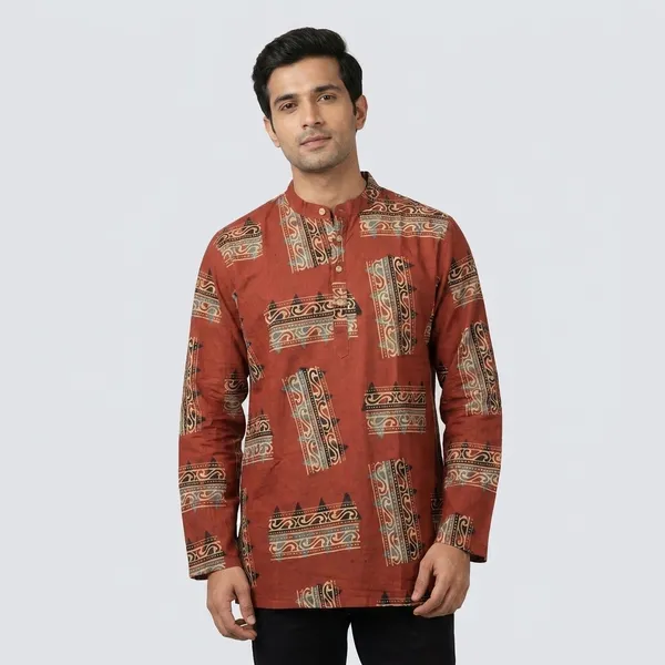 Rust_Red_Cotton_Regular_Fit_Printed_Short_Kurta_For_Men