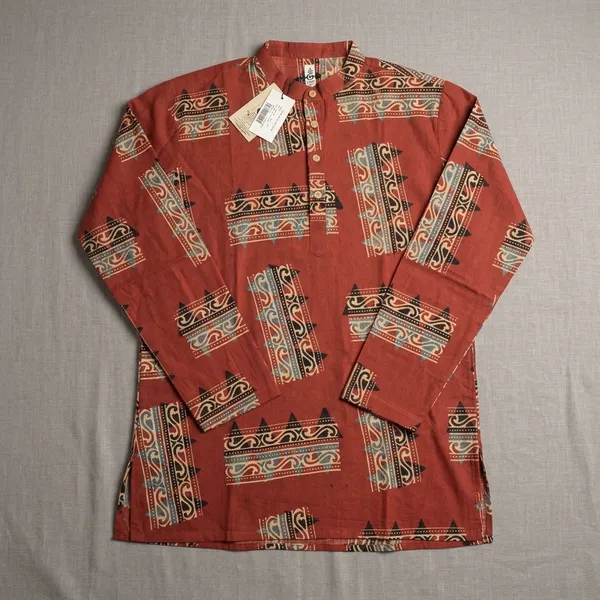 Rust_Red_Cotton_Regular_Fit_Printed_Short_Kurta_For_Men