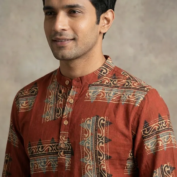 Rust_Red_Cotton_Regular_Fit_Printed_Short_Kurta_For_Men