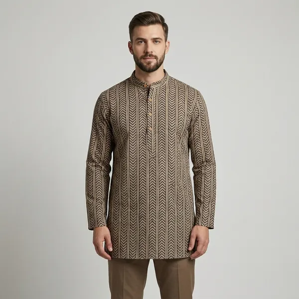Beige_Cotton_Chevron_Print_Short_Kurta_For_Men