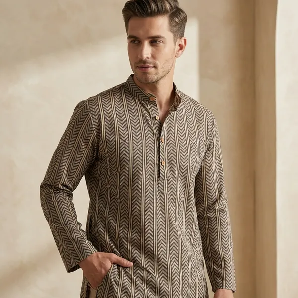 Beige_Cotton_Chevron_Print_Short_Kurta_For_Men