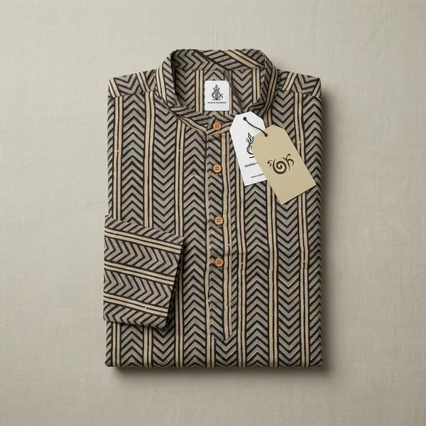 Beige_Cotton_Chevron_Print_Short_Kurta_For_Men