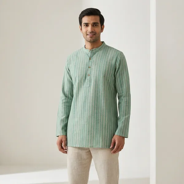 Mint_Green_Cotton_Regular_Fit_Striped_Short_Kurta_For_Men