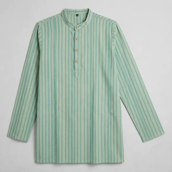 Mint_Green_Cotton_Regular_Fit_Striped_Short_Kurta_For_Men