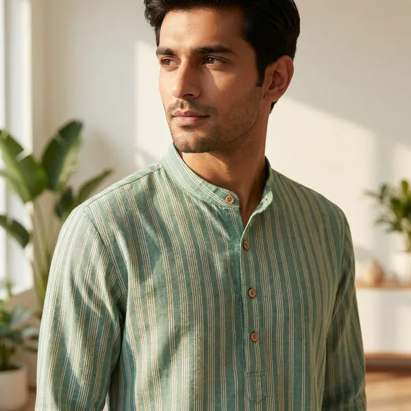 Mint_Green_Cotton_Regular_Fit_Striped_Short_Kurta_For_Men