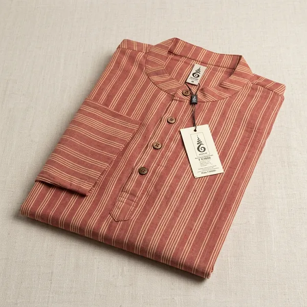 Pink_Cotton_Regular_Fit_Striped_Short_Kurta_For_Men