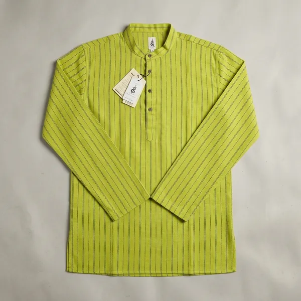 Lime_Green_Cotton_Striped_Short_Kurta_For_Men