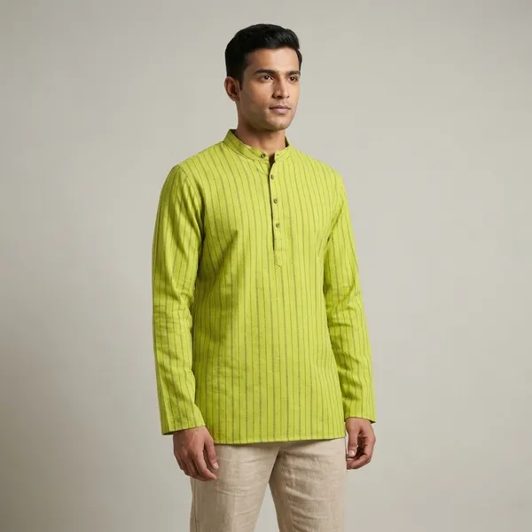 Lime_Green_Cotton_Striped_Short_Kurta_For_Men