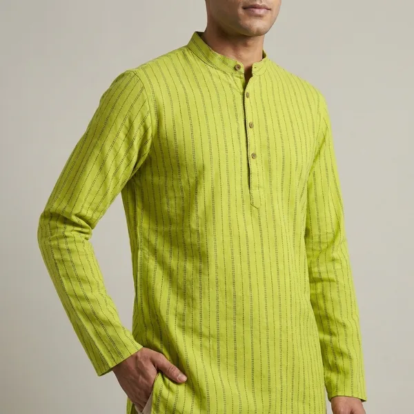 Lime_Green_Cotton_Striped_Short_Kurta_For_Men
