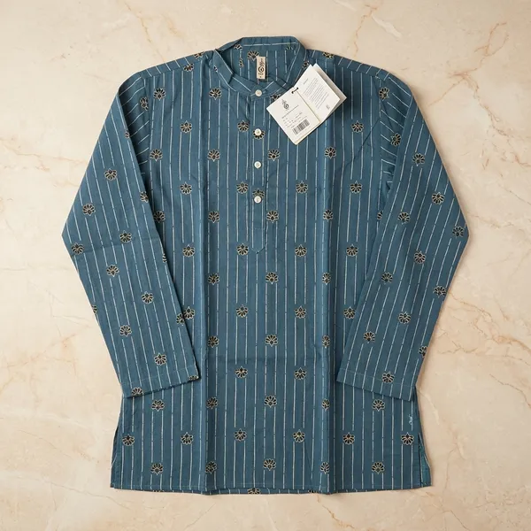 Blue_Cotton_Floral_Block_Print_Short_Kurta_For_Men