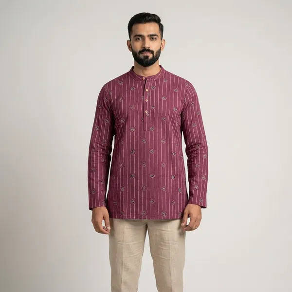 Maroon_Cotton_Floral_Buti_Print_Short_Kurta_For_Men