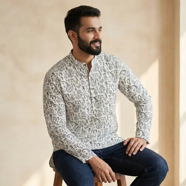 White_Cotton_Regular_Fit_Paisley_Printed_Short_Kurta_For_Men