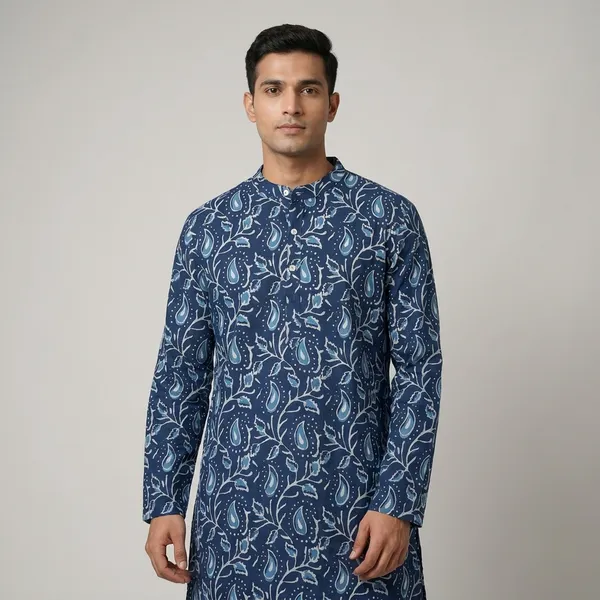 Navy_Blue_Cotton_Paisley_Print_Short_Kurta_For_Men