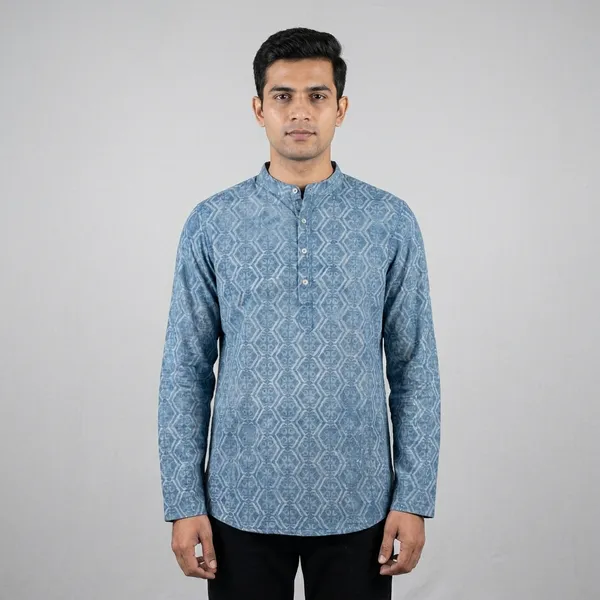 Steel_Blue_Cotton_Geometric_Print_Short_Kurta_For_Men