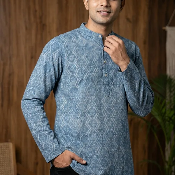 Steel_Blue_Cotton_Geometric_Print_Short_Kurta_For_Men