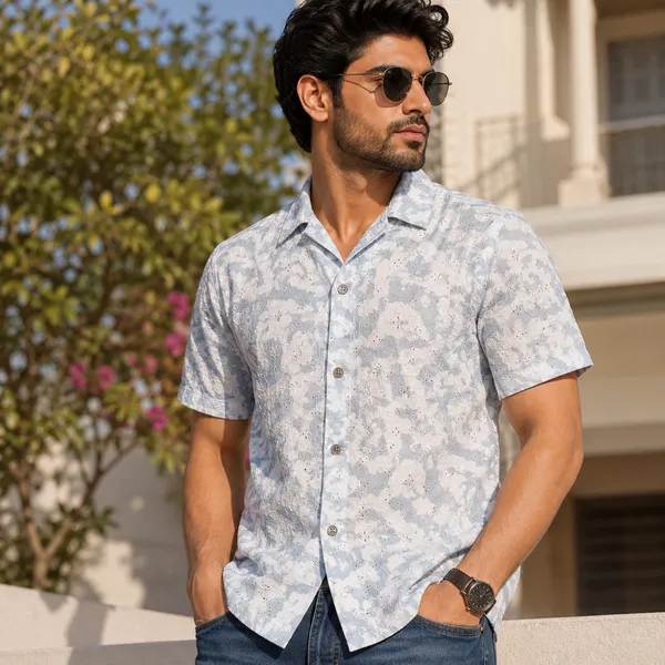 White_Cotton_Floral_Embroidered_Half_Sleeve_Shirt_For_Men